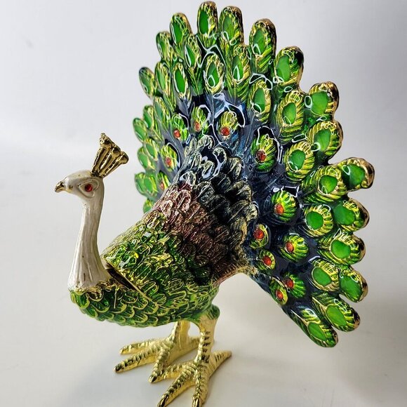 Peacock Decorative Box Trinket Jewelry Box Hinged Jeweled Gold Enamel Painted - Picture 9 of 13